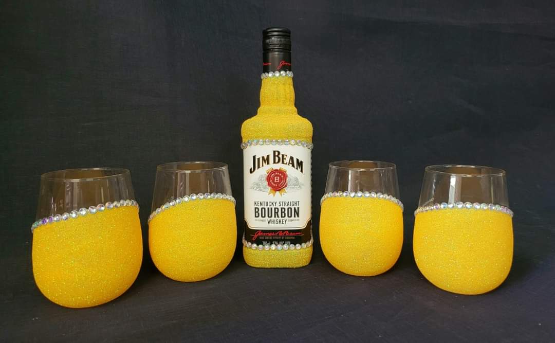 Jim Beam and 4x Stemless Diaginol Glitter Glasses