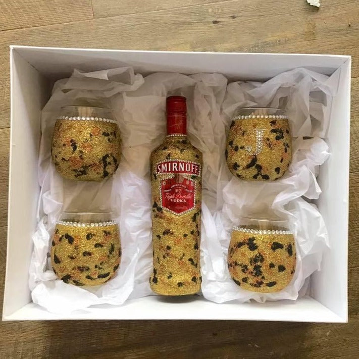 Leopard print vodka and 4x stemless Glasses