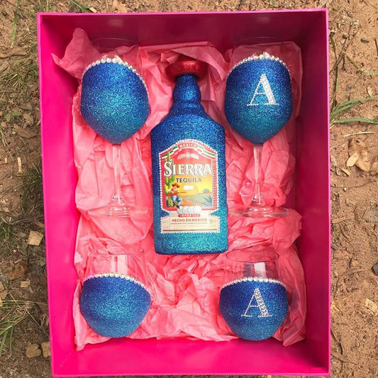 Tequila Ombre 2x wine glasses 2x Stemless includes bling number and intial (PLEASE ADVISE IN NOTES)