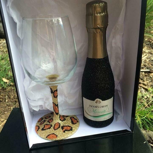 Wine Wine Black with leopard print glass Stem & Base