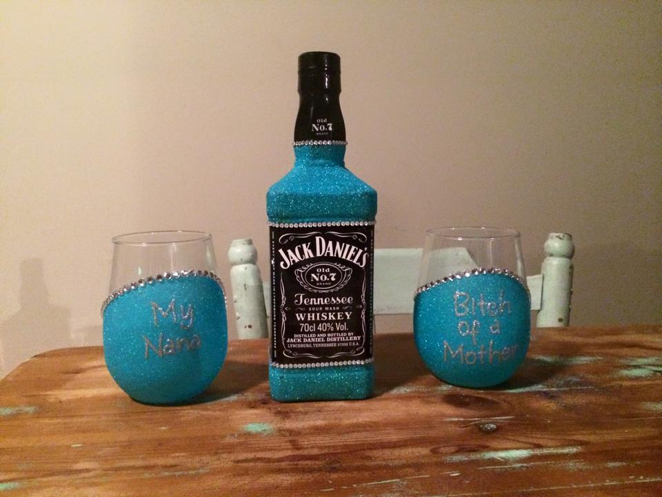 JD & two personlaised stemless glasses