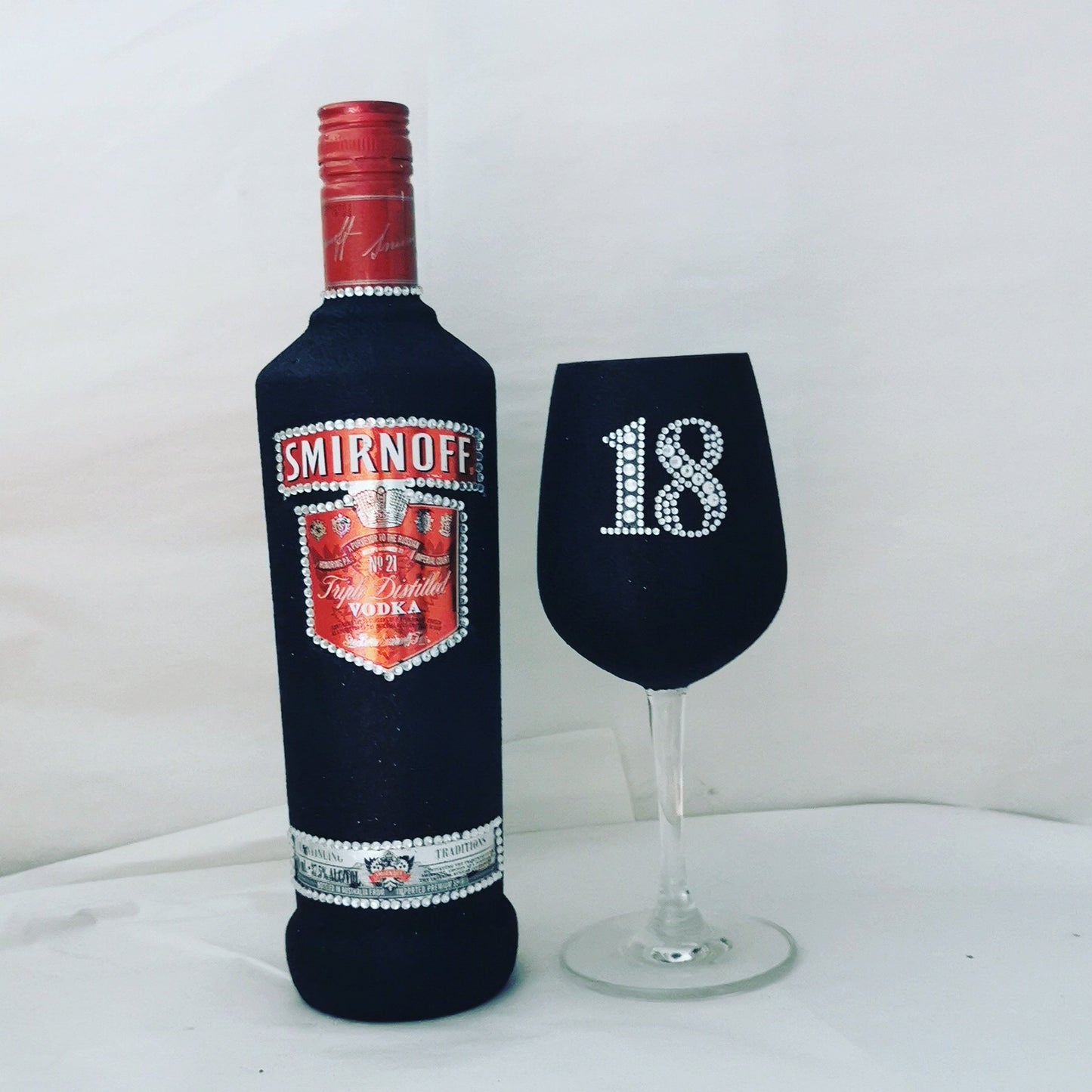 Pre-made black Smirnoff set includes bling initial or number