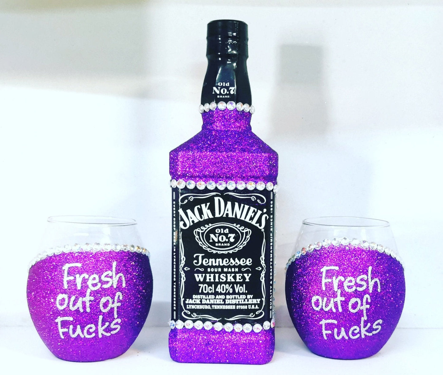JD & two personlaised stemless glasses