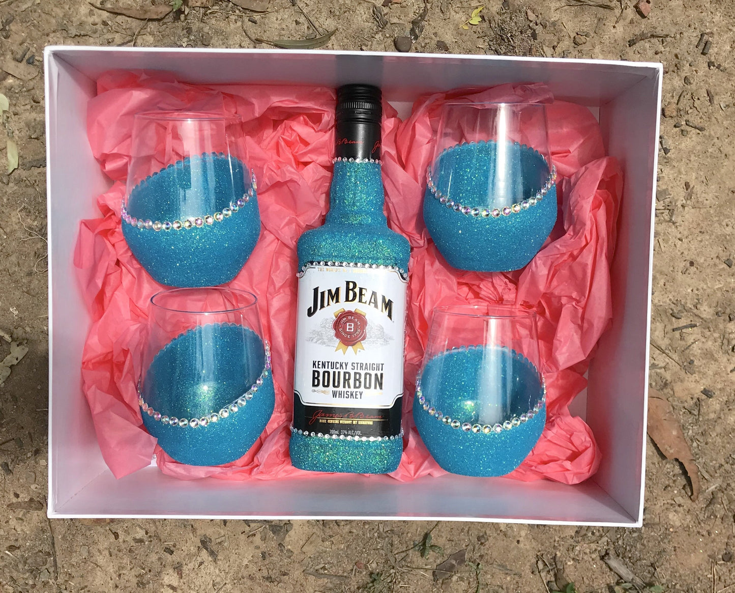 Jim Beam and 4x Stemless Diaginol Glitter Glasses