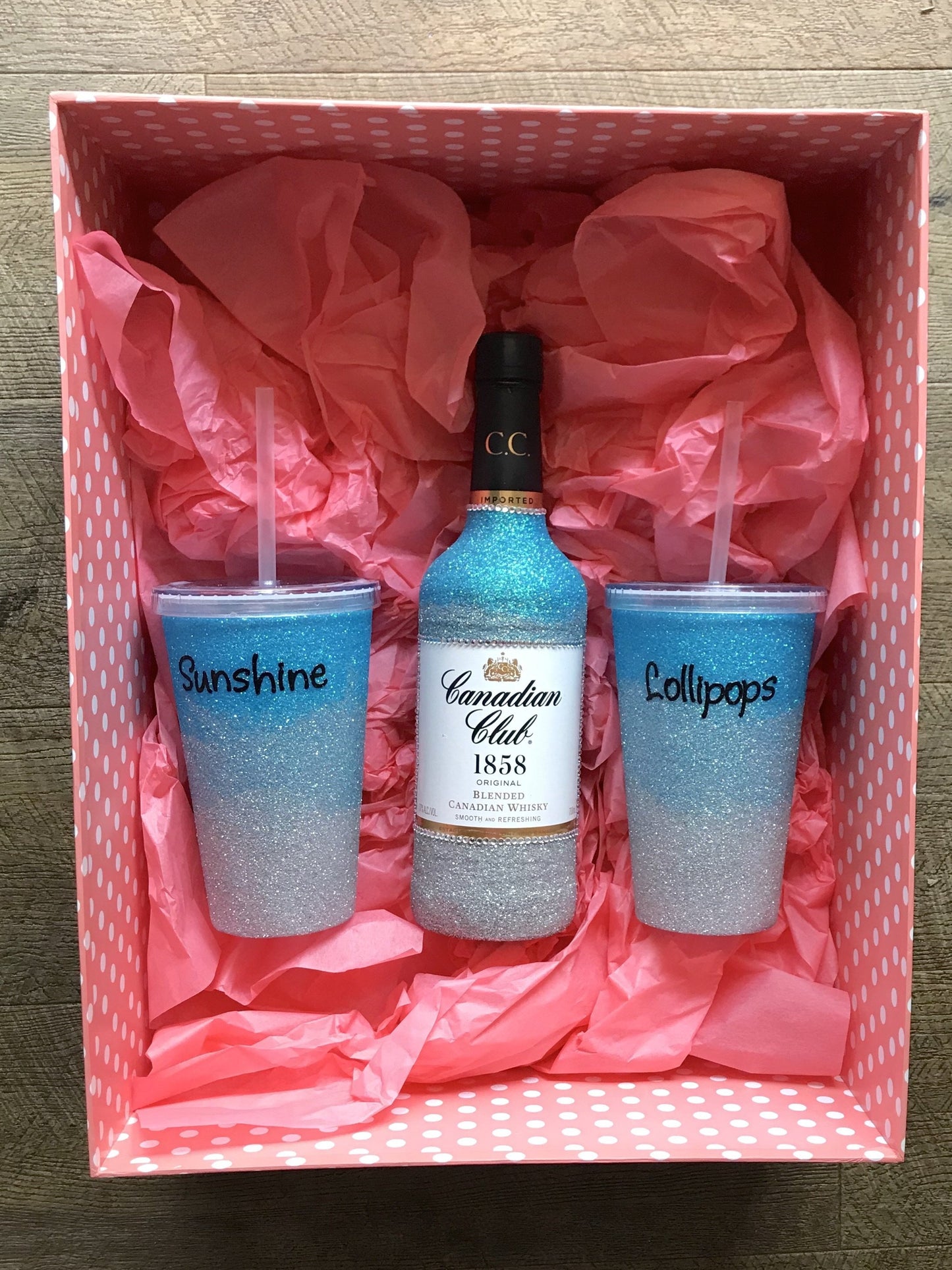 Canadian club and two sippy cups - please advise wording for cups in notes