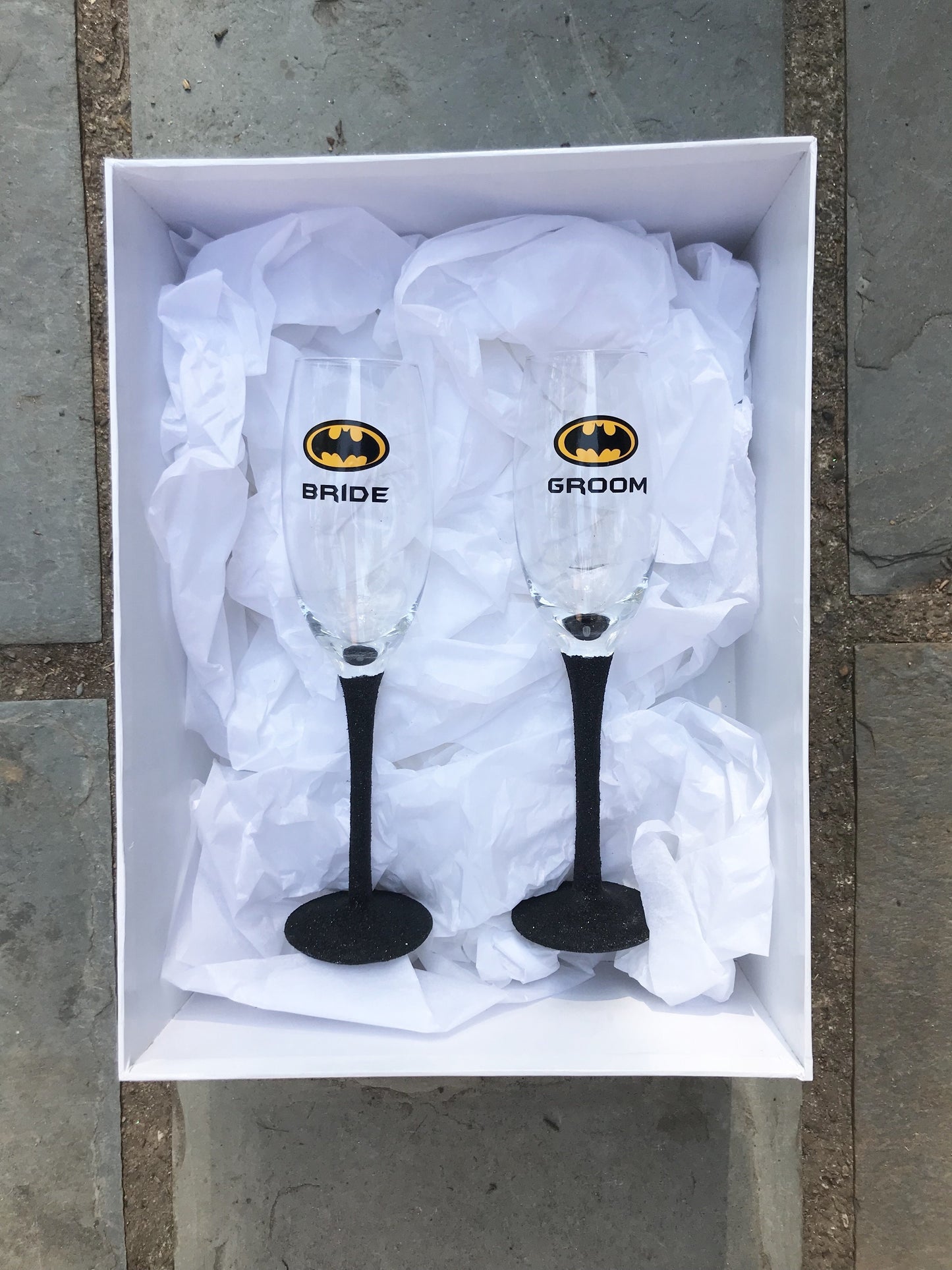 Bride and groom Batman glasses