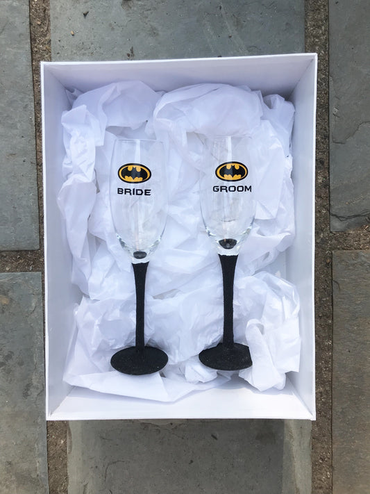 Bride and groom Batman glasses