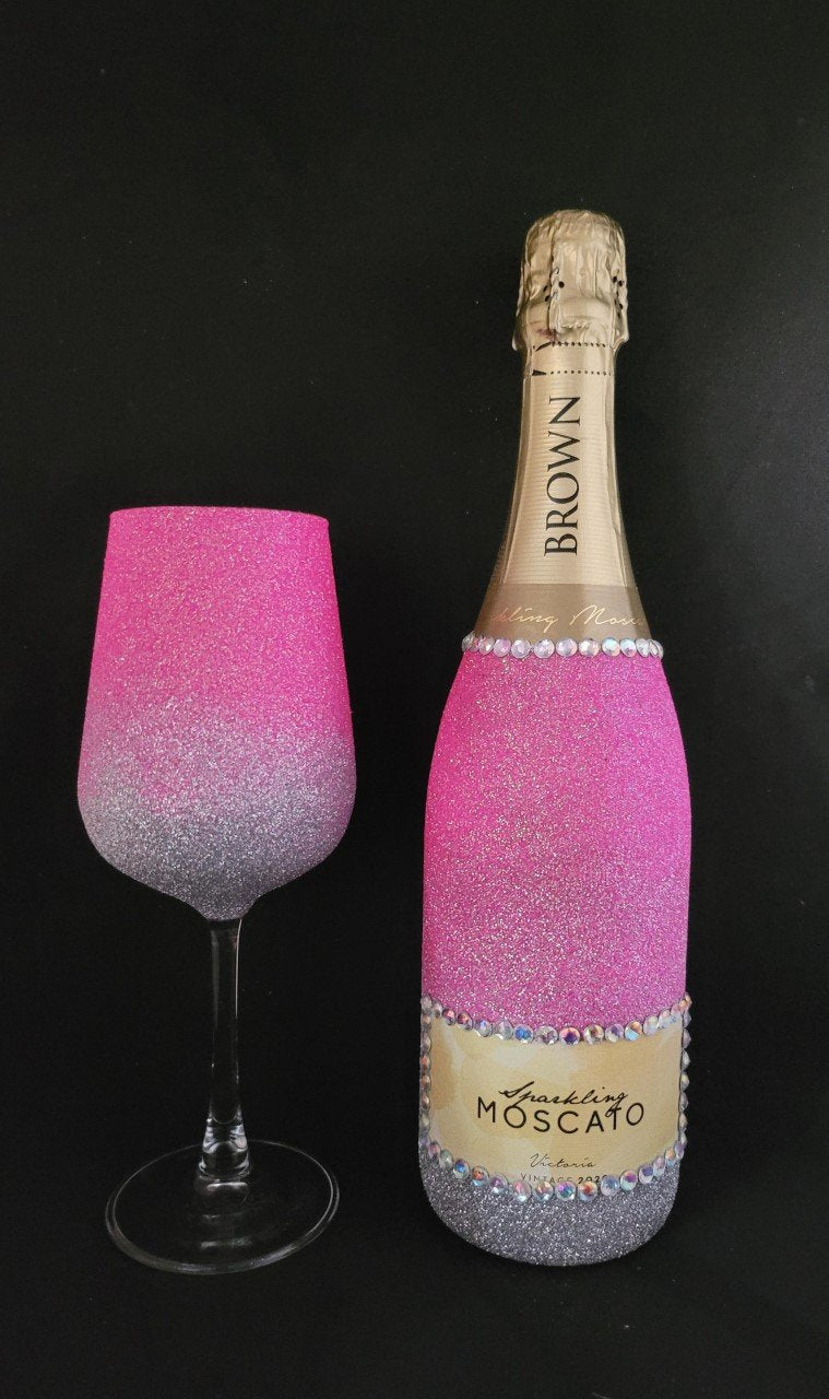 Pre Made Brown Brothers Moscato & Wine glass Set silver/pink ombre