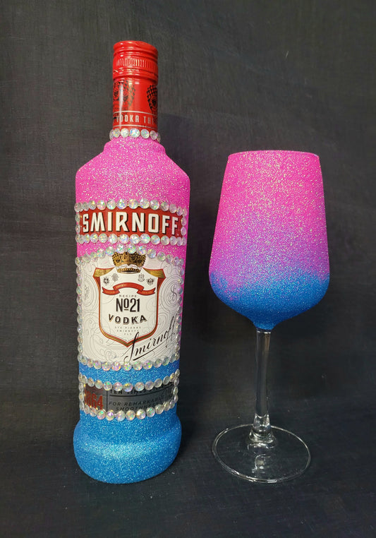 Premade Blue/Pink Ombre Smirnoff and wine glass (includes bling number or initial)