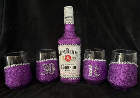 Jim Beam and 4x Stemless Diaginol Glitter Glasses