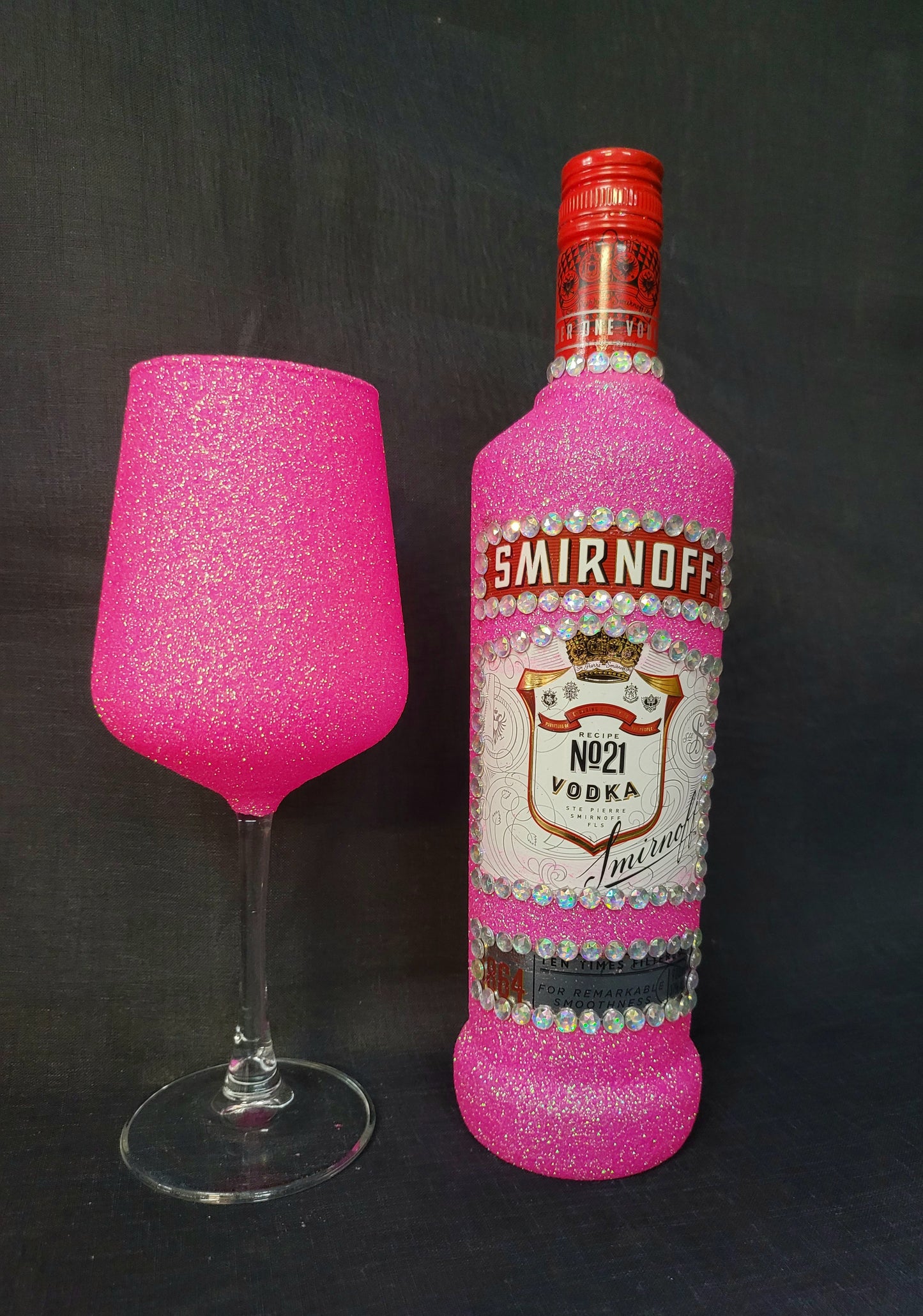 Pre-made hot pink Smirnoff set includes bling initial or number