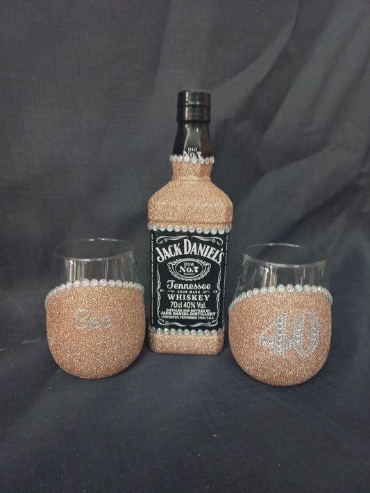 JD & two personlaised stemless glasses