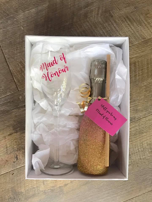 Will you be my Bridesmaid/Maid of Honour Full glitter bottle & flute glass