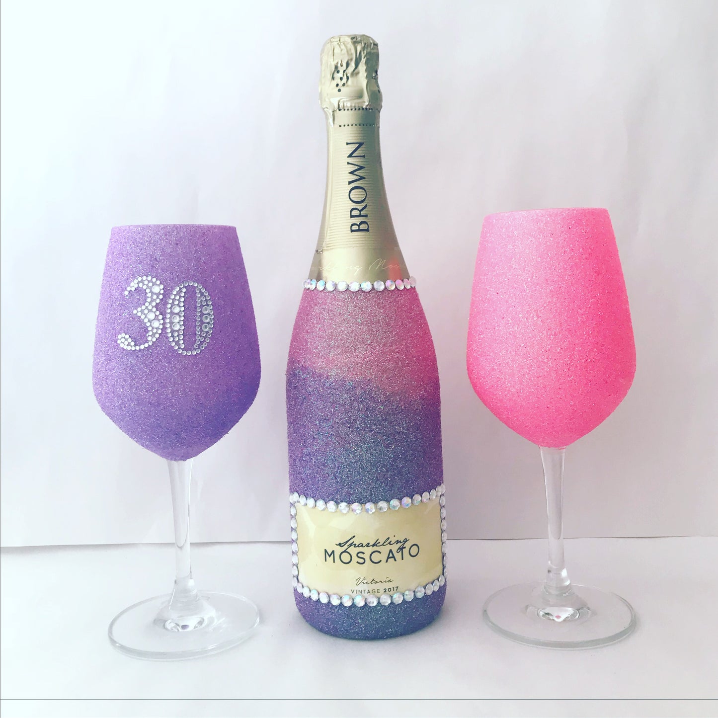 BB moscato ombré with pink and purple glasses includes bling number or initial