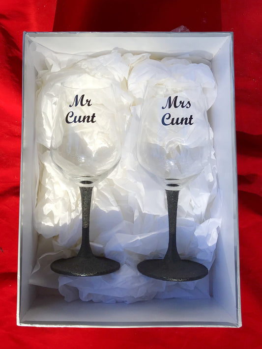 Mr & Mrs Cunt wine glasses